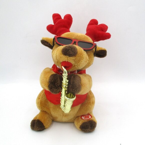 Singing Plush Reindeer Toy With Saxophone & Red Sunglasses - Picture 1 of 5
